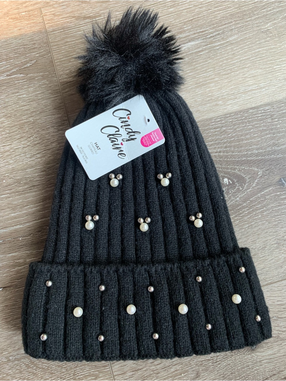 Cindy Claire Pearl Accent Pom Beanie Winter Black Hat